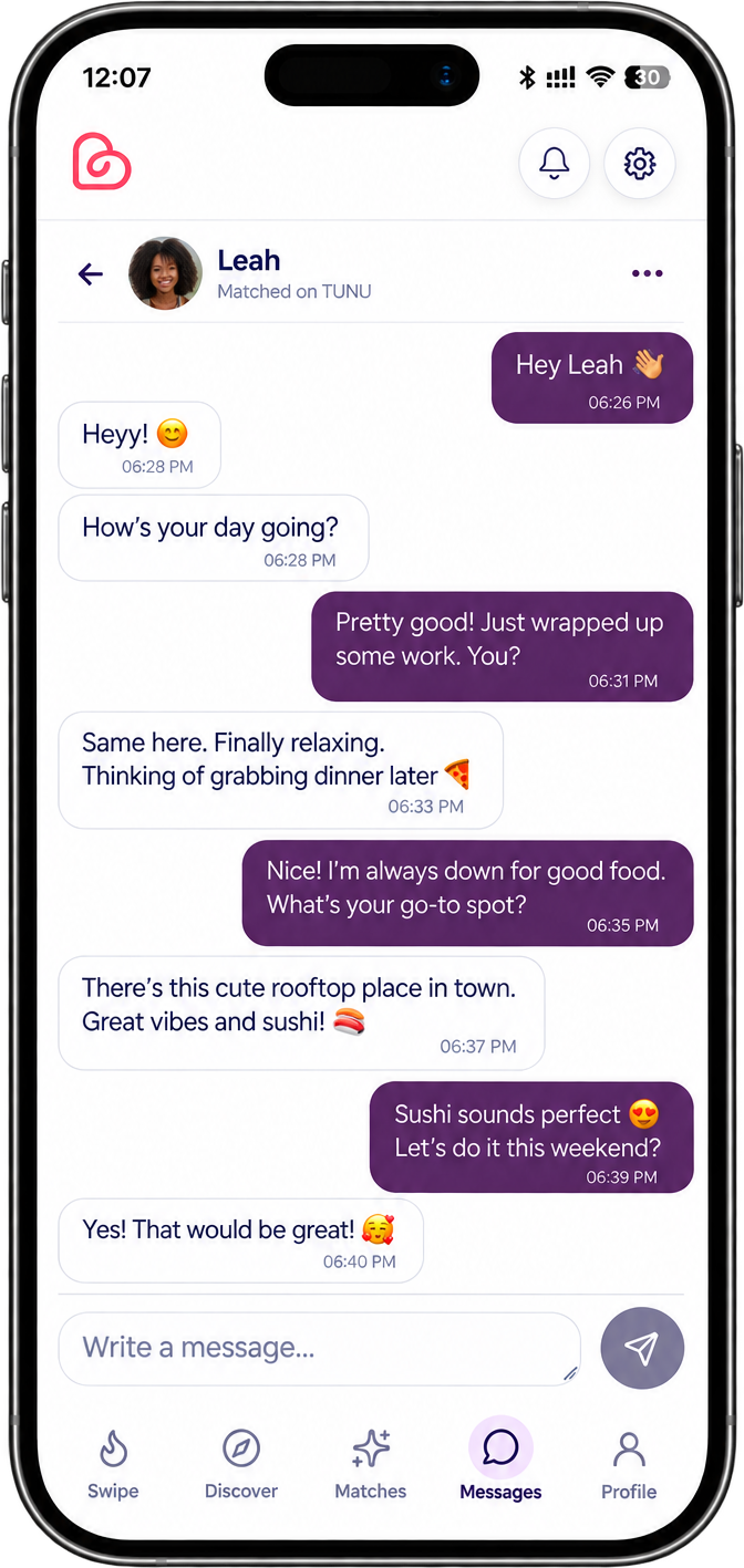 TUNU mobile app messages screen